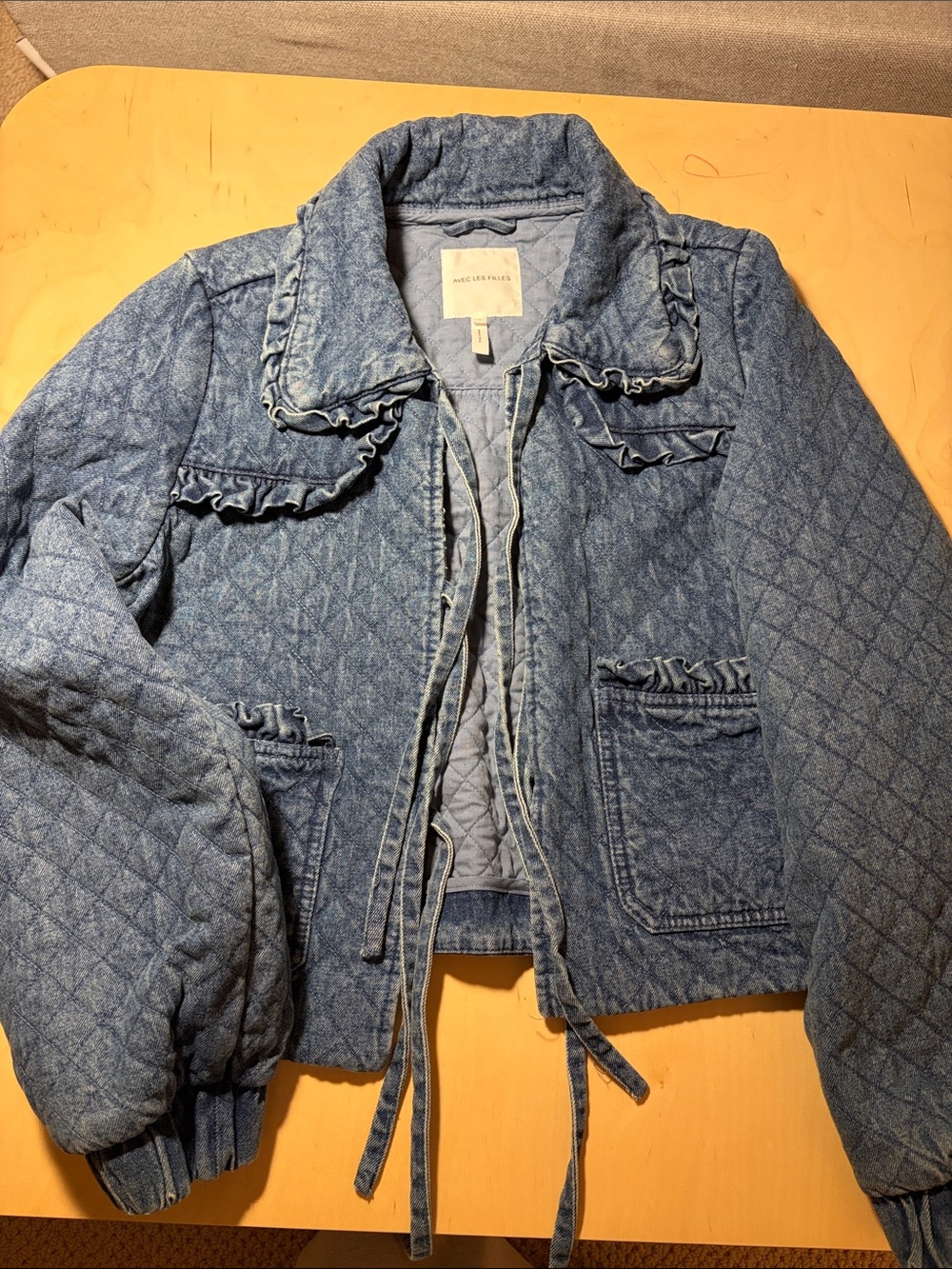 Avec Les Filles Light Blue Quilted Denim Jacket with Ruffle Trim